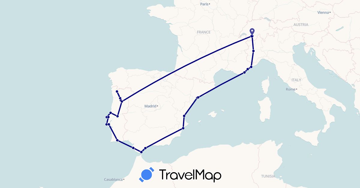 TravelMap itinerary: driving in Switzerland, Spain, France, Gibraltar, Italy, Monaco, Portugal (Europe)
